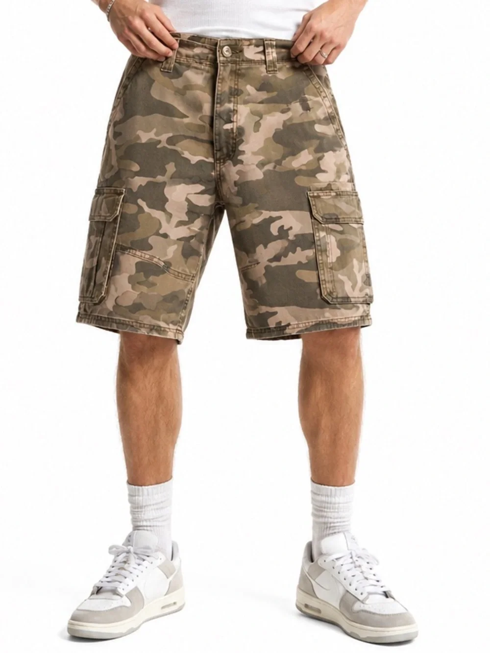 Wrangler Mens Camo Cargo Shorts 32 Tan Brown Utility Y2K Streetwear